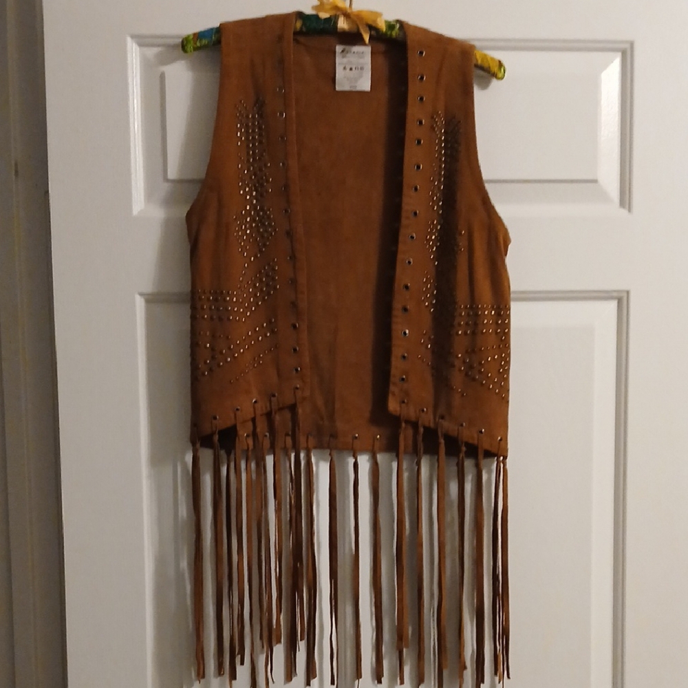 Brown Fringe Vest with Stud Details